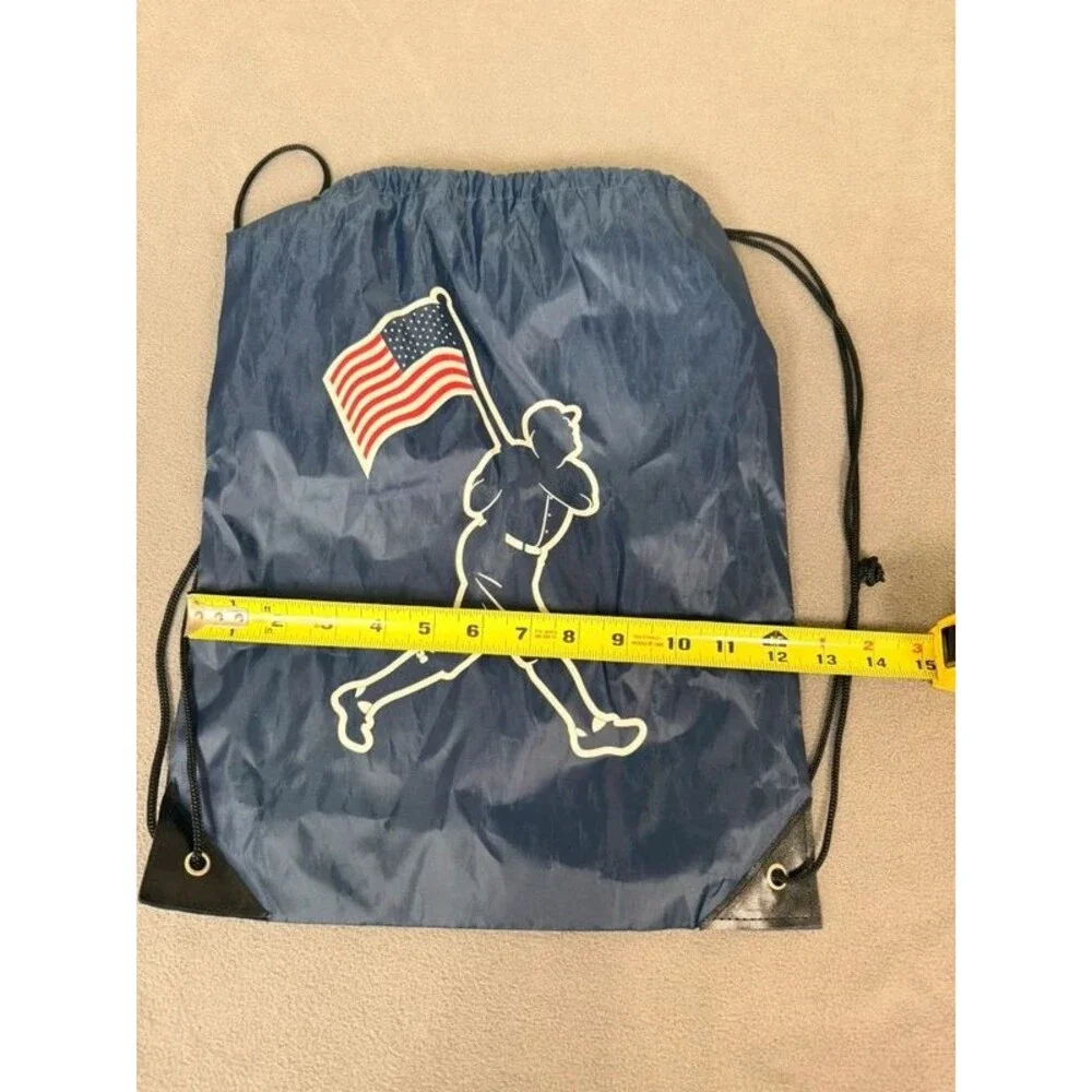 Baseballism Silhouette Baseball Player Flag Navy Blue Nylon Drawstring Backpack